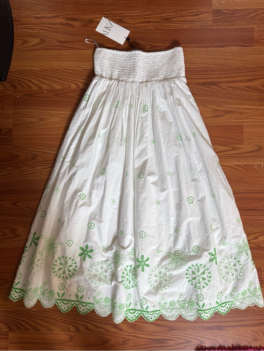 ZARA White Smocked Waist Maxi Skirt with Green Embroidery